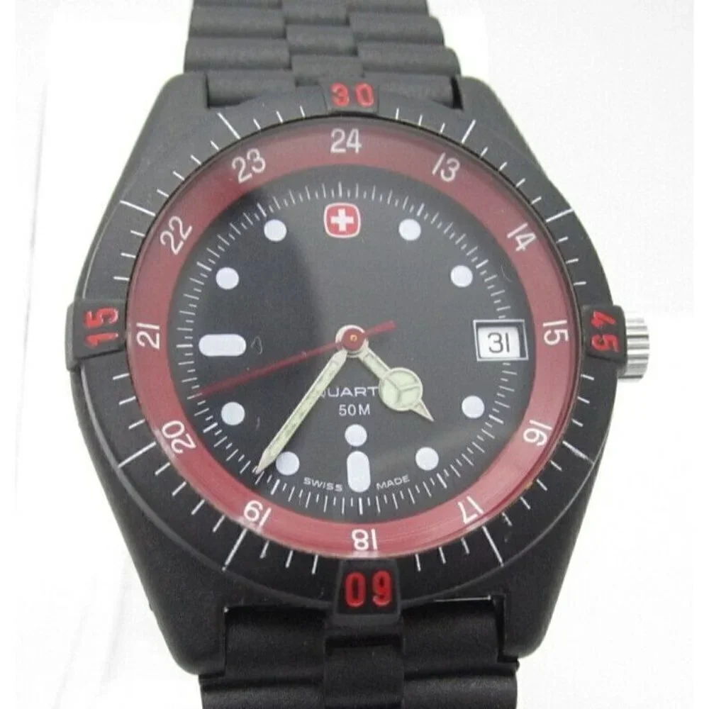 Vintage Men Swiss Wenger Quartz WR Analog Dial Plastic Case Round Watch (E814)